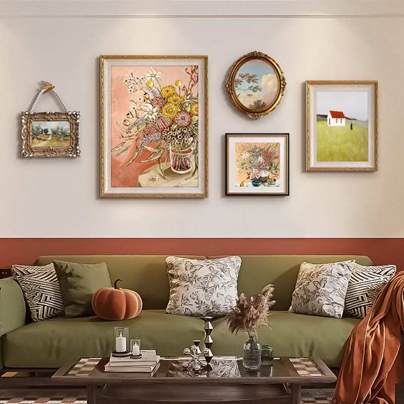 法式奶油风客厅组合挂画复古卧室床头壁画餐厅花卉装饰画现代美式图片