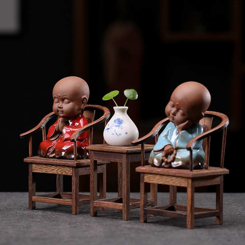 中式禅意个性小和尚家居装饰工艺品摆件茶道茶桌茶玩茶宠套装摆∑