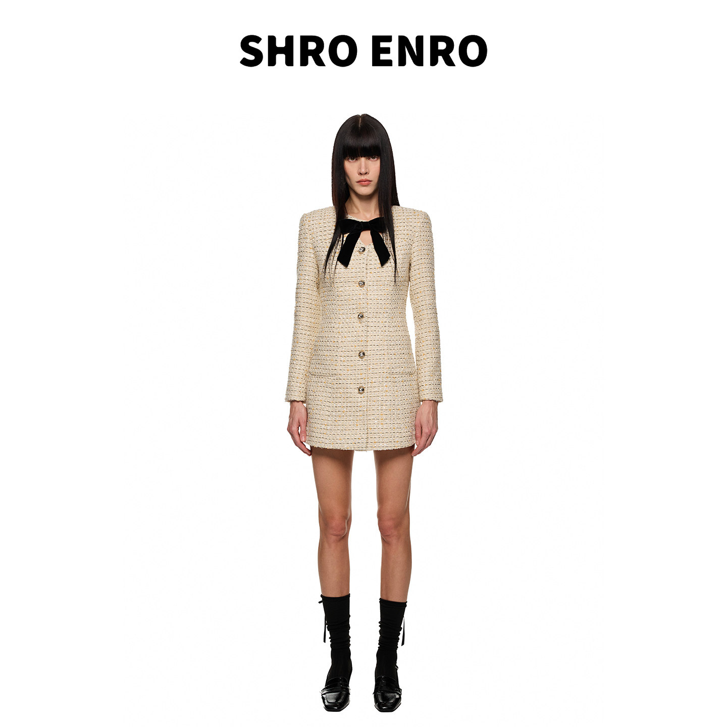 SHROENRO蝴蝶结粗花呢长袖连衣裙