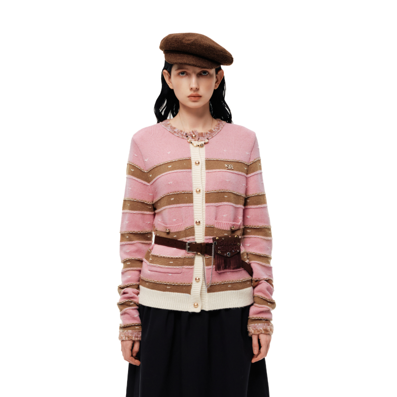 羊毛撞色条纹麻花开衫毛衣