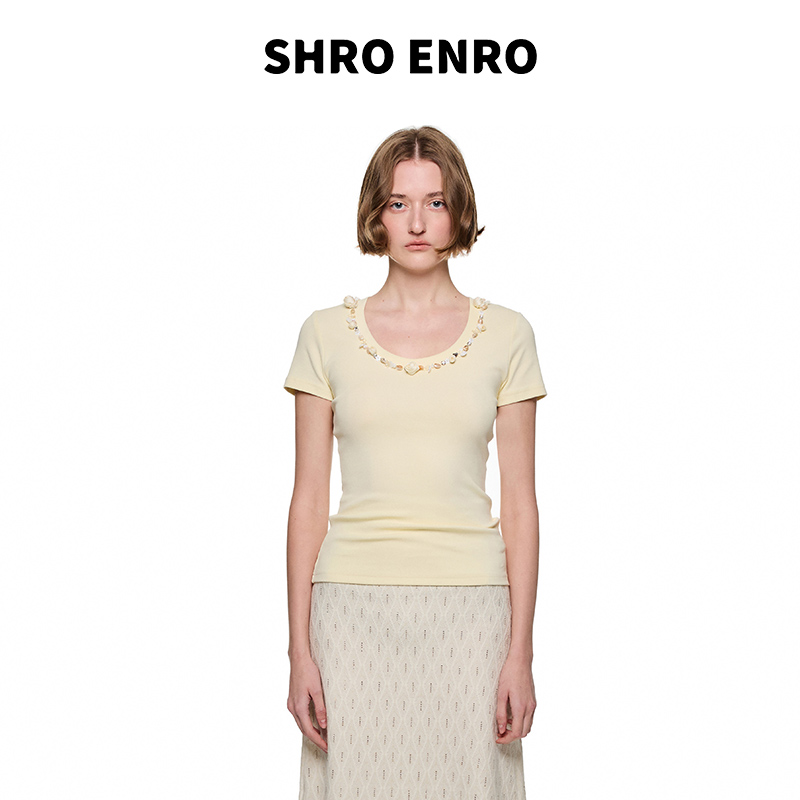 SHROENRO钉珠贝壳花朵圆领T恤