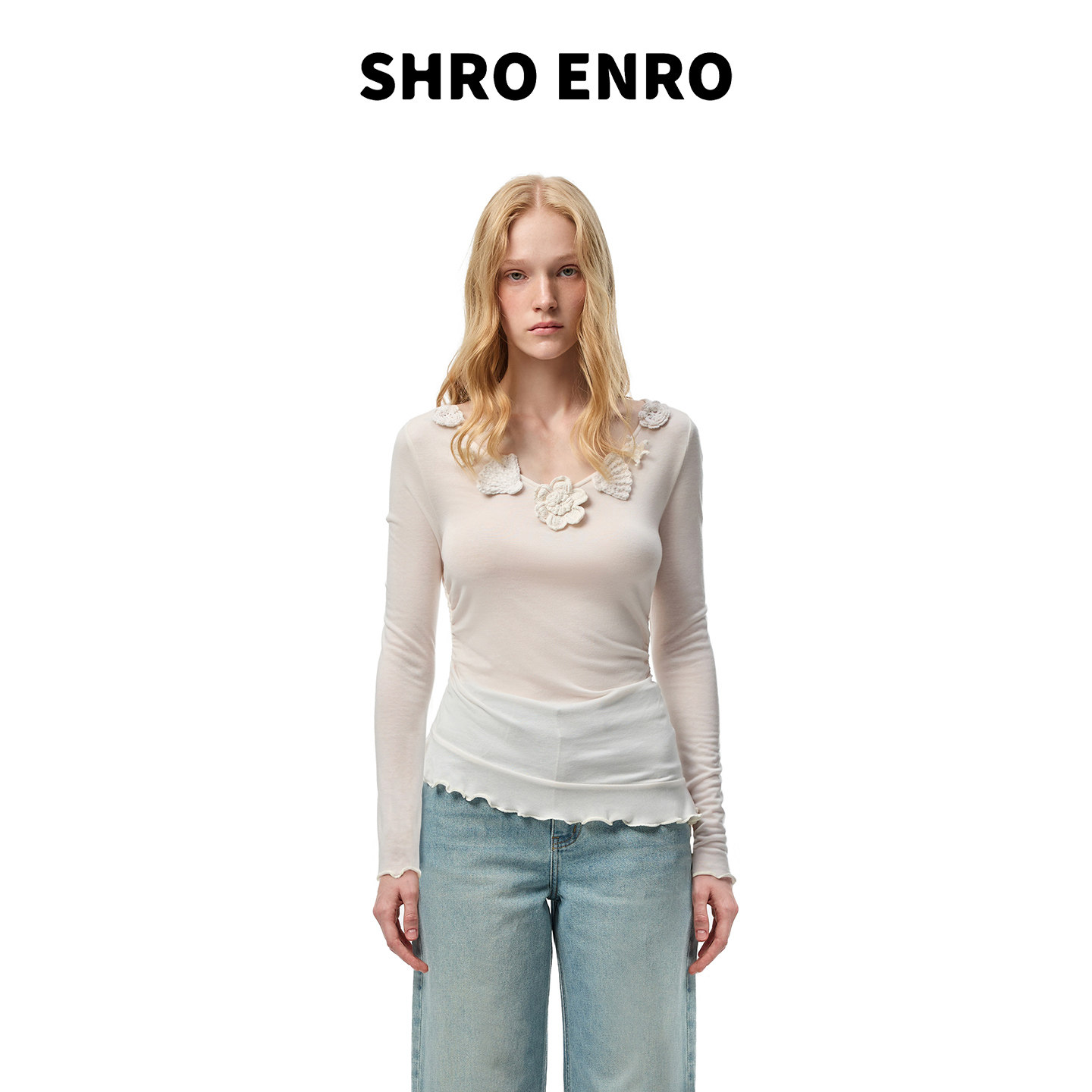 SHRO ENRO 2026春季新款法式立体花朵针织修身显瘦下摆不规则上衣,女装/女士精品,毛针织衫,淘宝优惠券,粉丝福利购,淘宝优惠卷