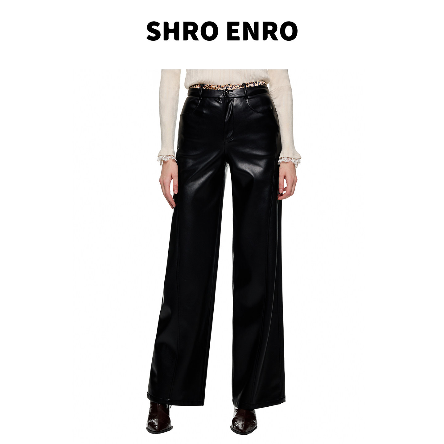 SHROENRO豹纹拼接腰头直筒皮裤
