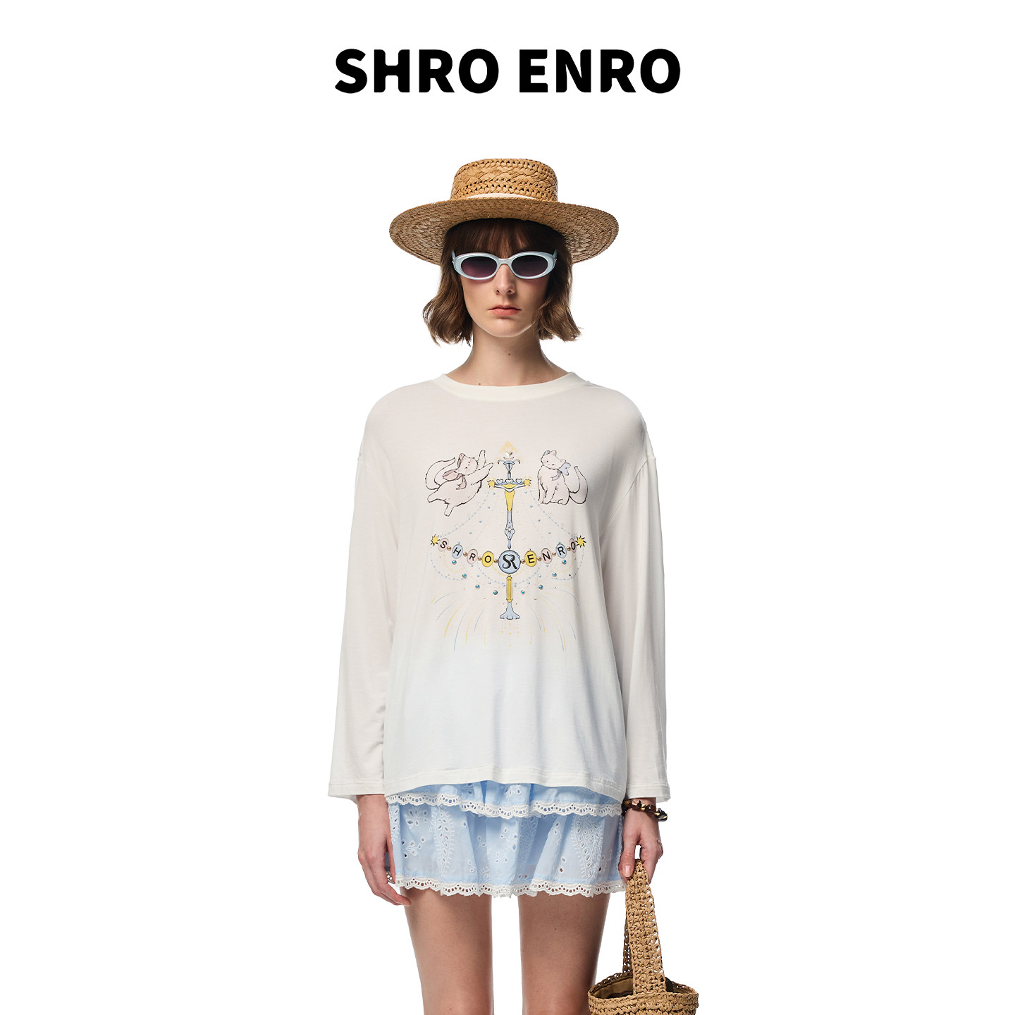 SHRO ENRO2026夏季新款吊灯天使猫卡通印花烫钻少女风长袖T恤上衣