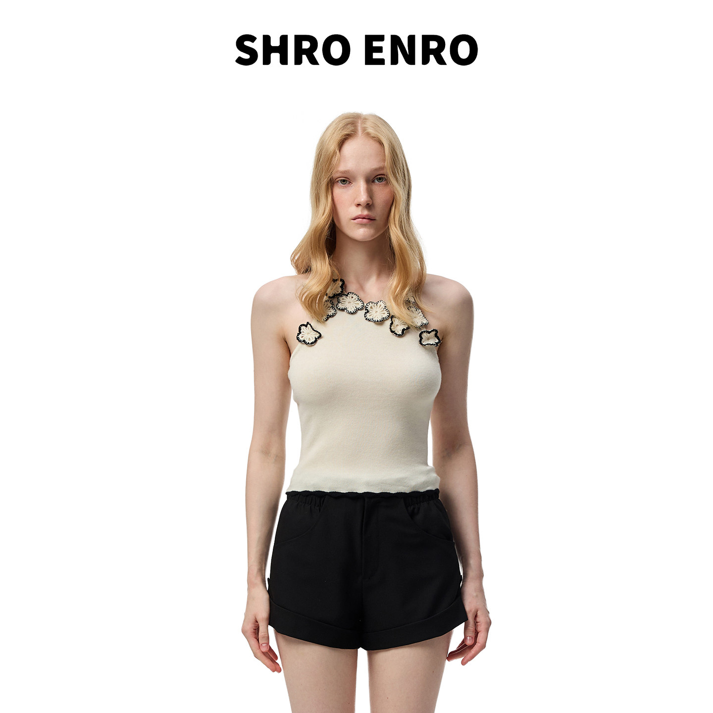 SHRO ENRO2026夏季新款修身立体针织手钩花朵甜美风挂脖背心上衣
