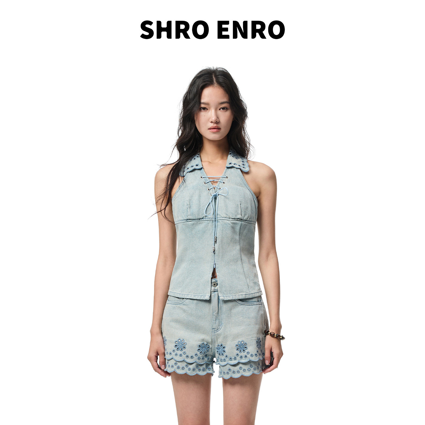 SHRO ENRO26夏新款镂空绣花系带挂脖甜辣风无袖翻领牛仔马甲上衣