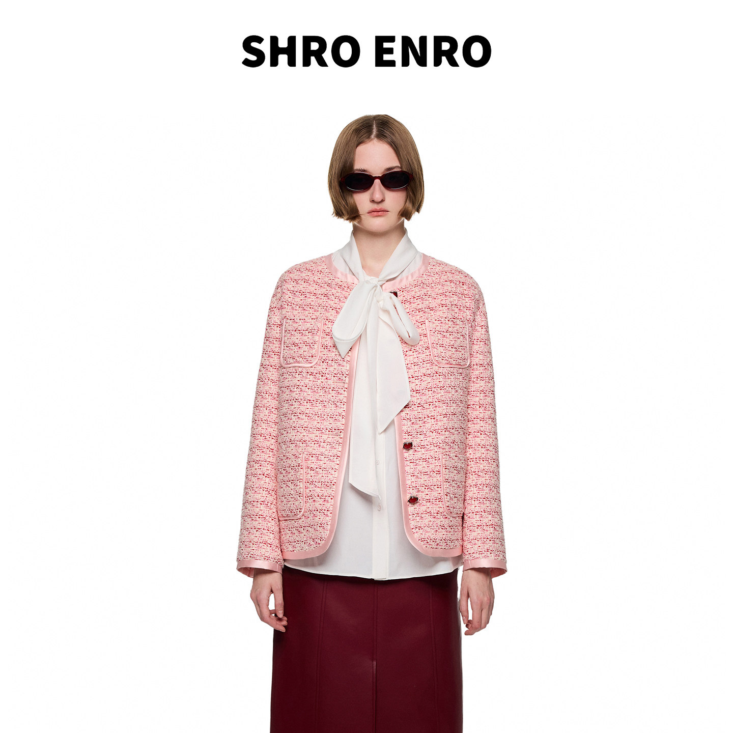 SHROENRO粉色圆领粗花呢羽绒服