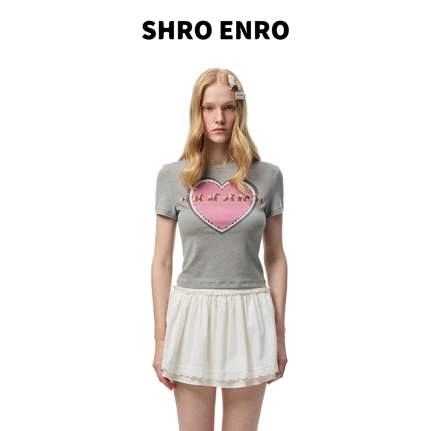 SHRO ENRO 26夏季修身爱心小马印花短袖T恤女镶钻设计感圆领上衣