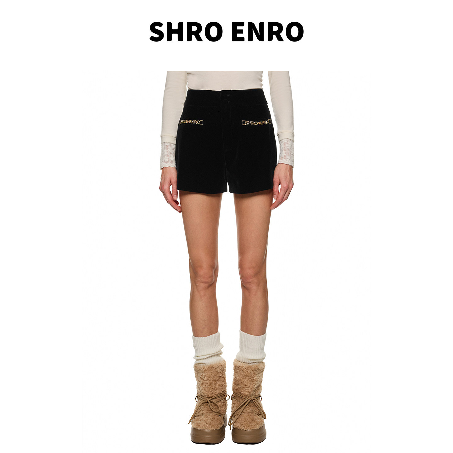 SHROENRO金属袋链装饰丝绒短裤