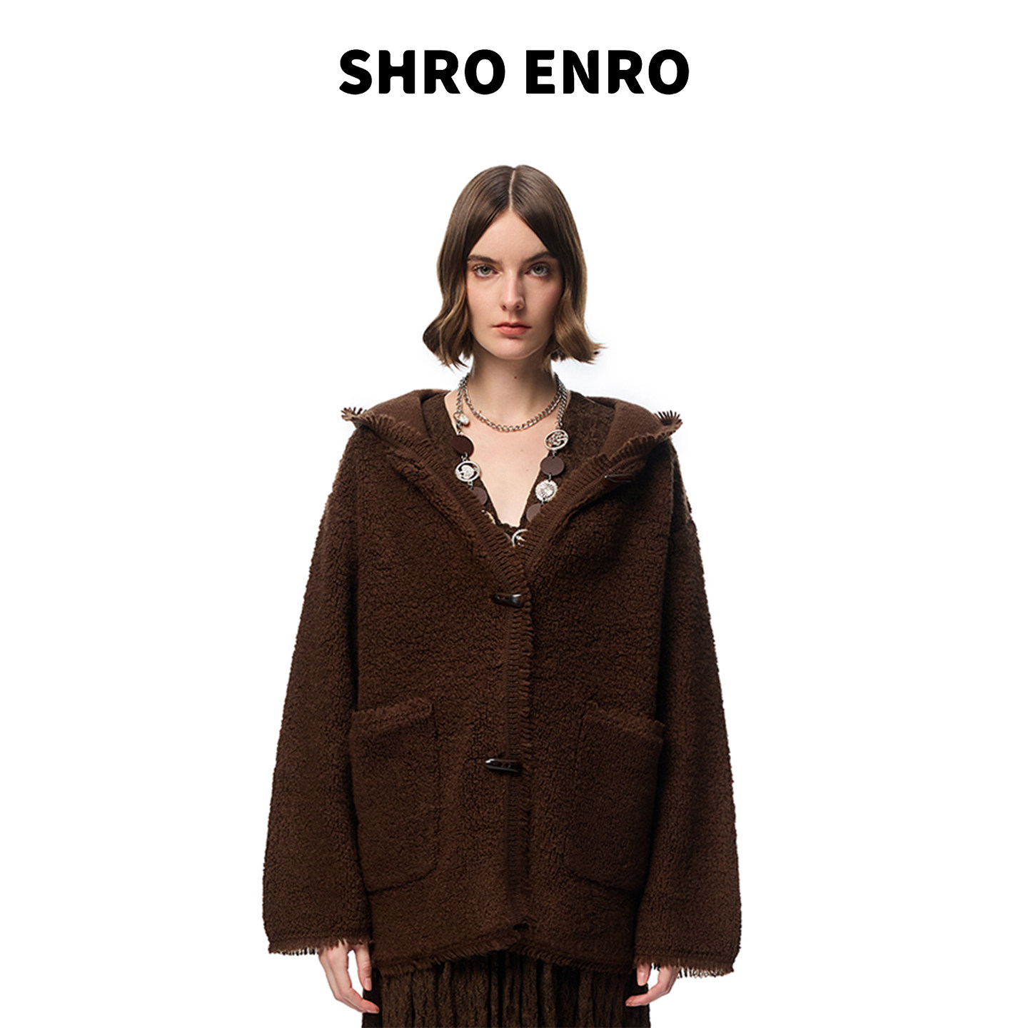 SHRO ENRO冬季新款高级大衣牛角扣连帽宽松开衫廓形外套女