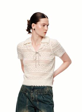 明星艺人同款 SHRO ENRO 春季新款镂空钩花翻领短袖针织衫女上衣