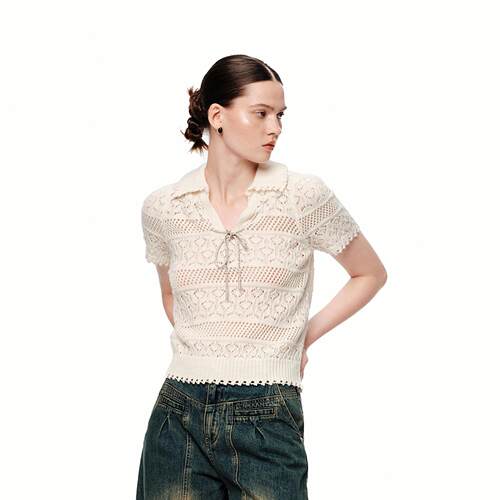 SHROENRO镂空钩花短袖针织上衣