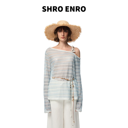SHROENRO镂空斜肩串珠针织上衣