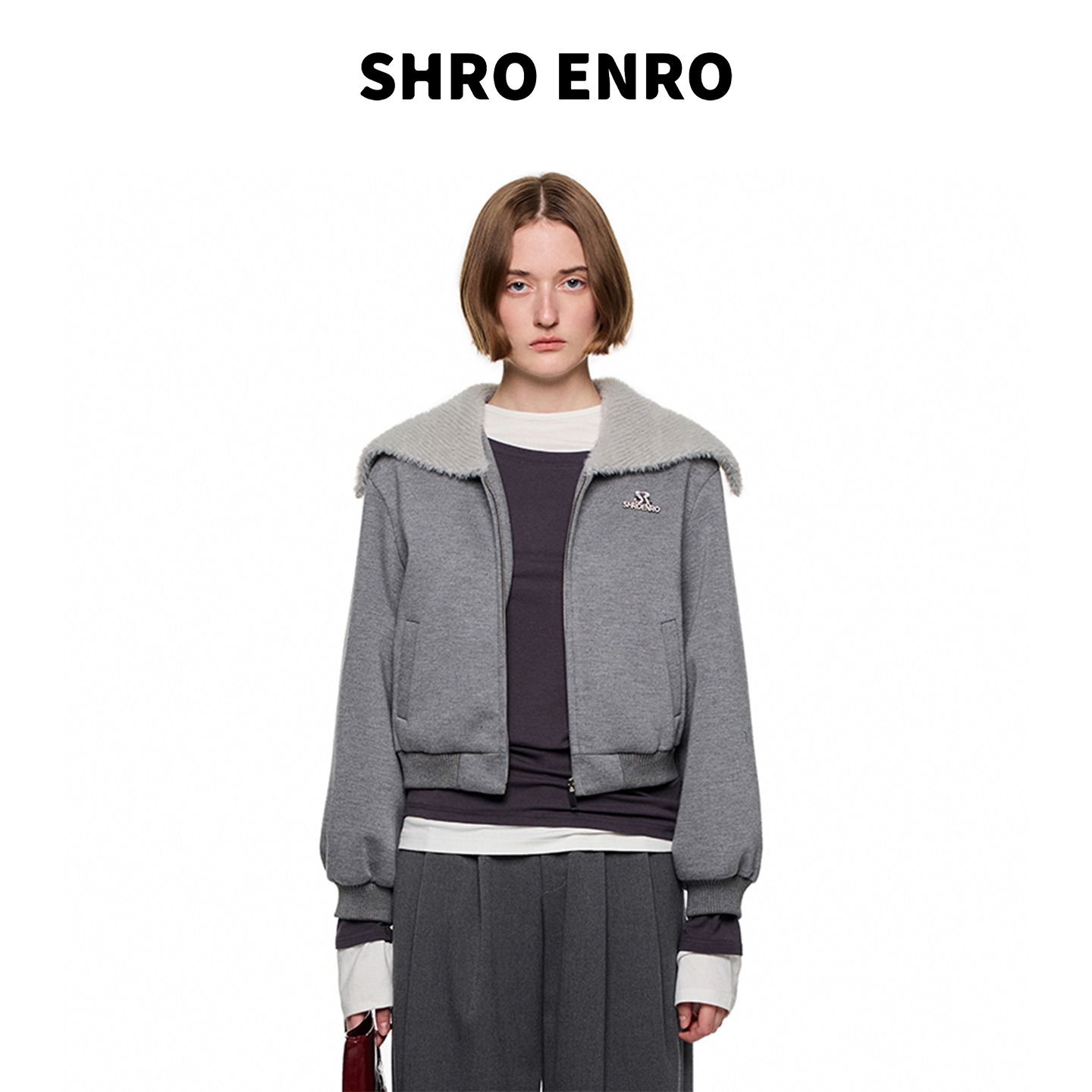 SHROENRO大翻领领短款卫衣外套