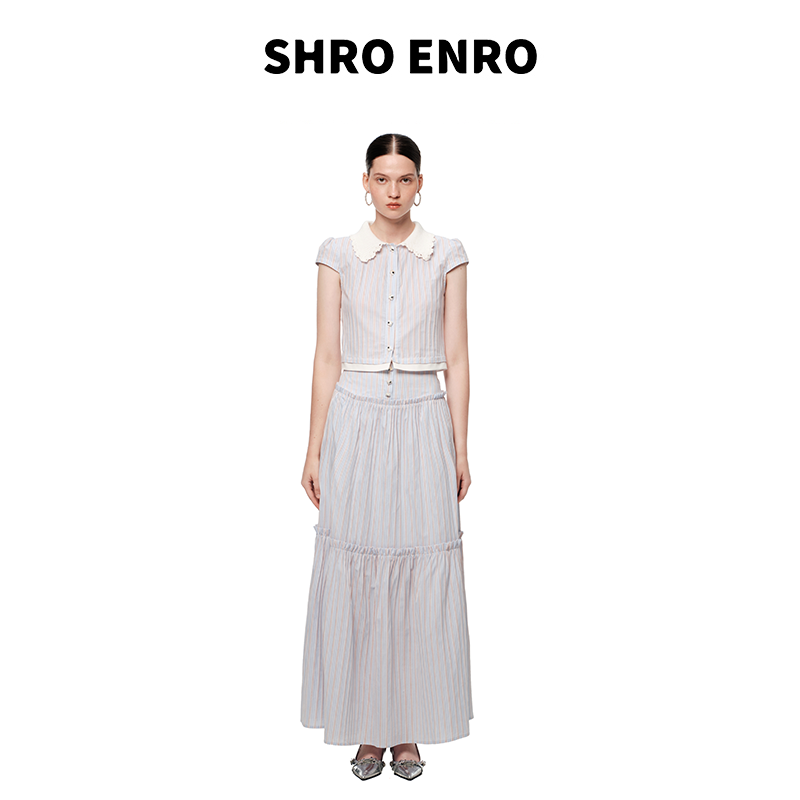 SHRO ENRO夏季新款条纹蕾丝娃娃领衬衫高腰长半裙少女风时尚套装