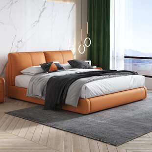 北欧轻奢真皮床主卧简约现代小户型软包床1.8m1.5m实木双人床婚床