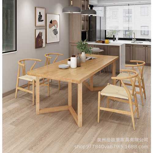 北欧现代原木餐桌椅组合长方形家用客厅纯实木休闲长条吃饭办公桌