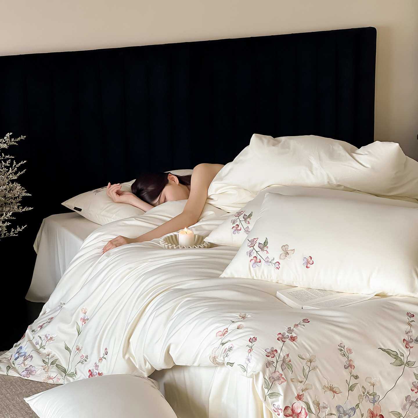 小清新韩式田园风秋冬季全棉磨毛四件套花卉刺绣被套床上用品白色