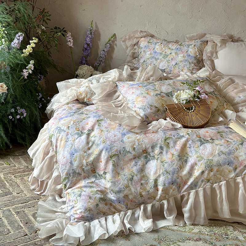 法式复古天丝棉磨毛四件套床单被套荷叶边田园风数码印花床上用品
