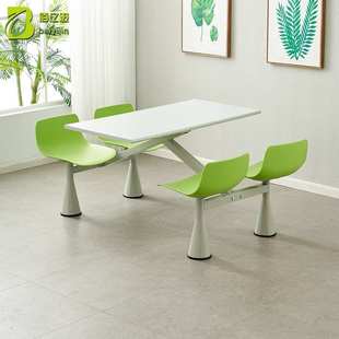 厂家供应学校食堂餐桌椅 防火板桌面喇叭腿四人位连体快餐桌椅