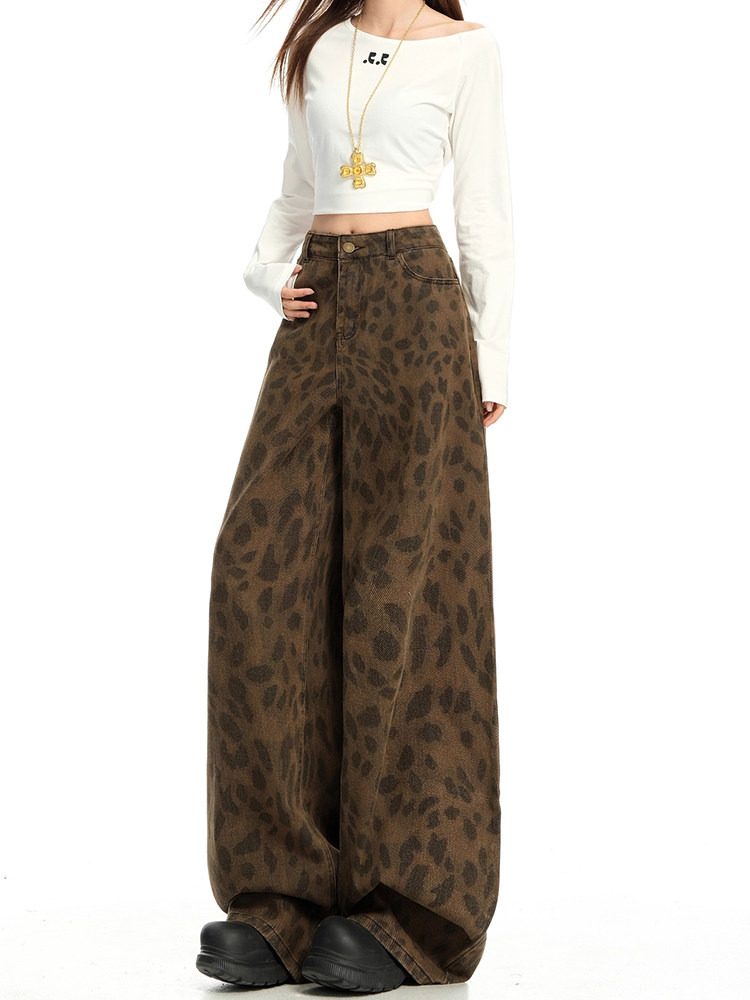 American Retro Leopard Print Jeans for Women, Autumn High-Waisted, Slimming, Loose Straight-Leg, Wide-Leg, Non-Tight, Floor-Length Pants