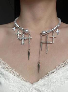 欧美ins风镶钻十字架流苏珍珠锁骨链女时尚甜酷辣妹项链个性颈链