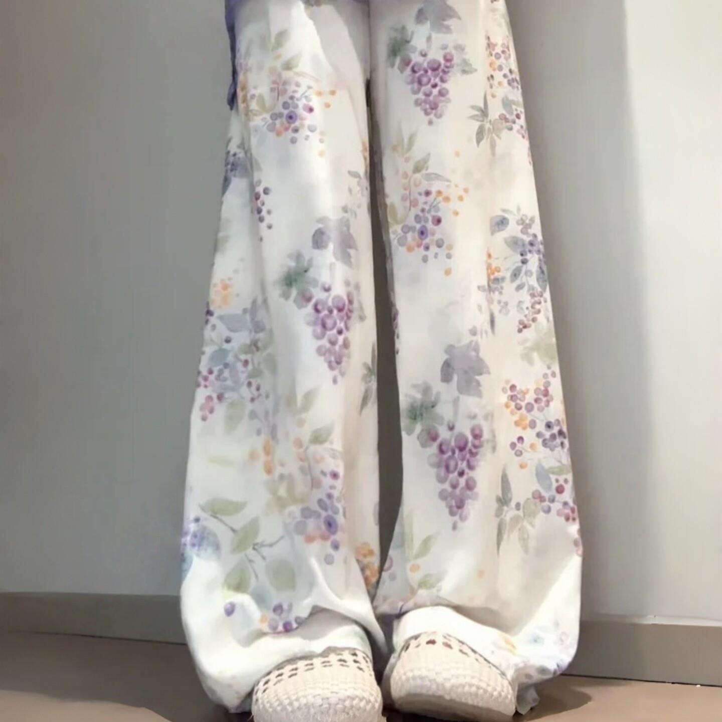 菩提花棉绸裤子夏季薄款国风绵绸家居裤子宽松直筒外穿遛弯阔腿裤