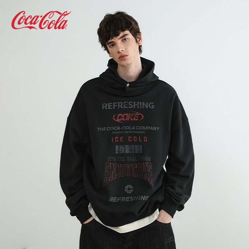 Coke 可口可乐 大Logo标语美式复古纽扣重磅连帽卫衣 男女同款