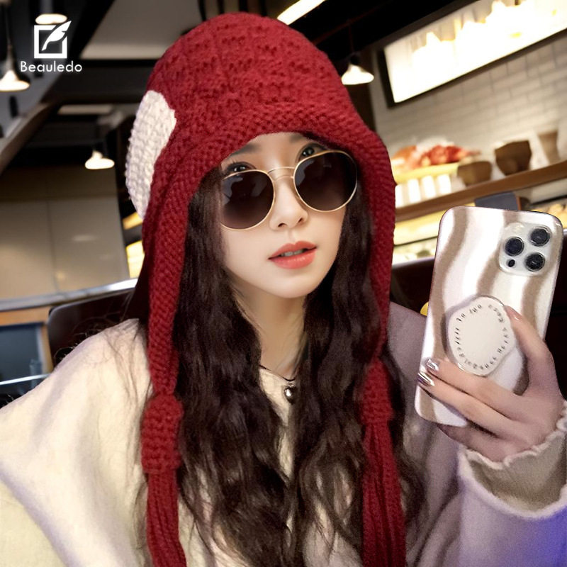 韩版新款时尚贴布流苏红色毛线帽子女秋冬季保暖手工辫子针织帽潮