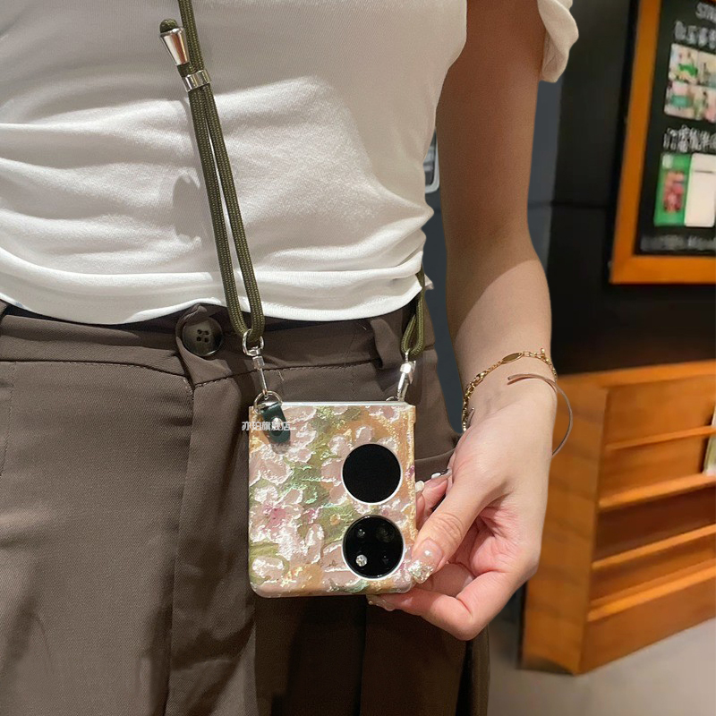 ins涂鸦油画花朵适用于华为pocket2手机壳p50pocket斜跨绳可背保护套ins风超薄p50宝盒链条S高级感全包艺术外