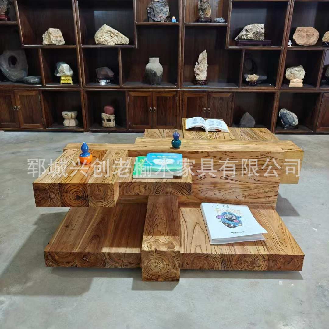 老榆木门板侘寂风书架落地置物架复古玄关民宿酒店家用摆件错层架图片