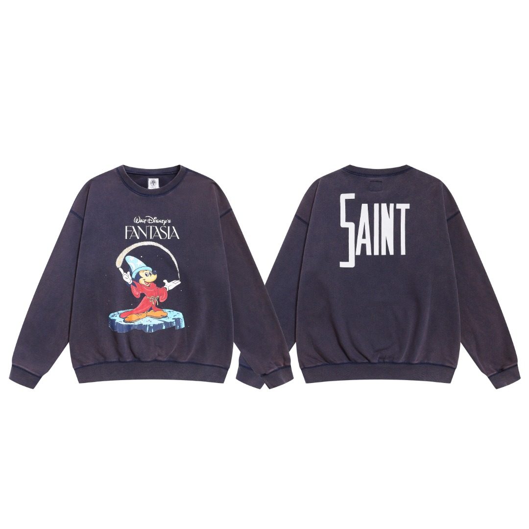 Saint Michael奇幻魔法印花复古做旧洗水破坏薄款圆领长袖卫衣潮