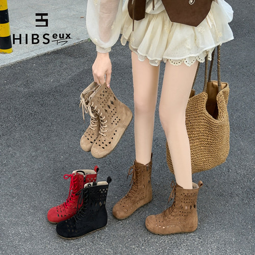 夏季镂空系带内增高女短靴