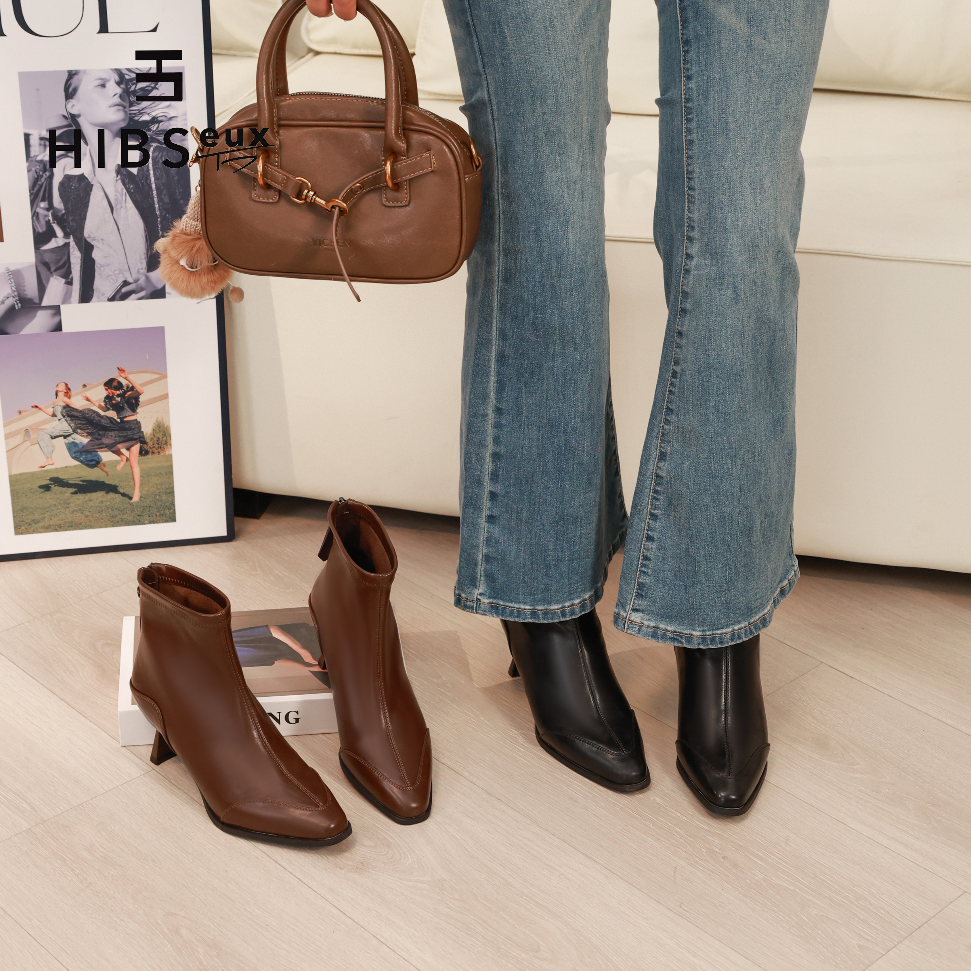 细跟方头短靴女2025年秋冬新款时尚百搭拉链高跟瘦瘦靴高跟单鞋女,女鞋,时装靴,淘宝优惠券,粉丝福利购,淘宝优惠卷