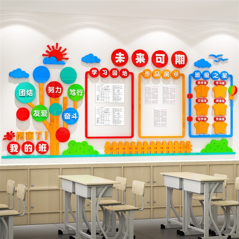 班级文化墙布置i学习园地作品展示班级之星墙贴立体中小学教室装