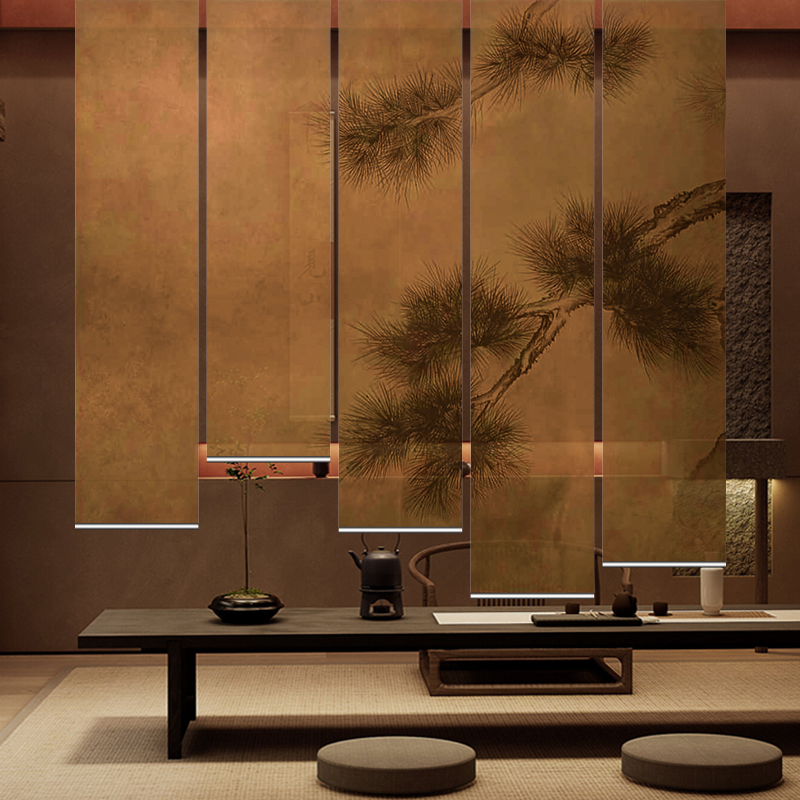 东方美学中式复古屏风o软隔断装饰客厅茶室玄关布帘卷帘窗帘迎客