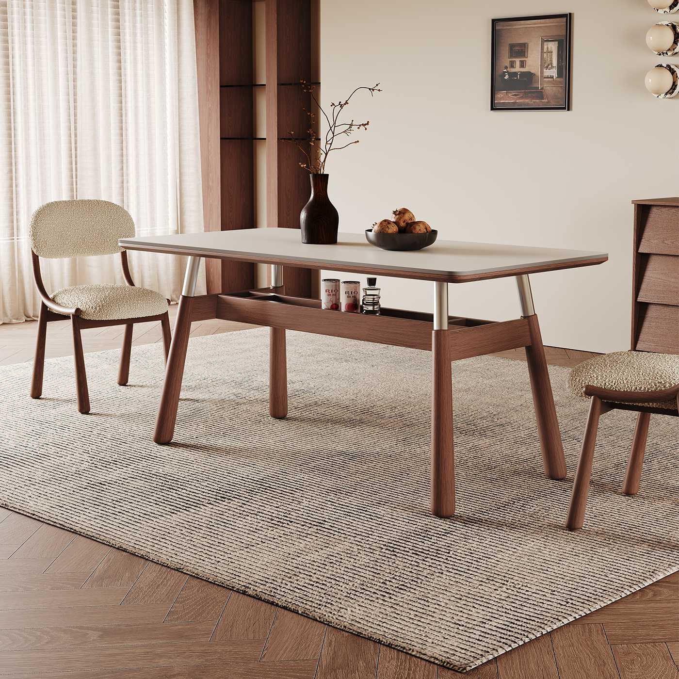 岩板餐桌2025新款轻奢高级感包豪斯中古家用小户型不锈钢实木餐桌