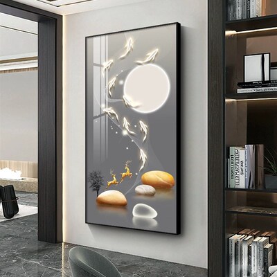 轻奢入户玄关装饰画进门客厅走廊过道G挂画新款大气麋鹿竖版墙壁