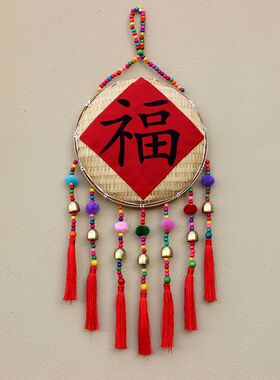 新款民族风复古特色农家乐餐厅竹C编簸箕牛头装饰品玄关遮挡挂饰