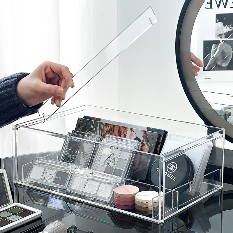 桌面粉饼气垫收纳盒透明分隔眼影盘置物架防O尘亚克力化妆品抽屉
