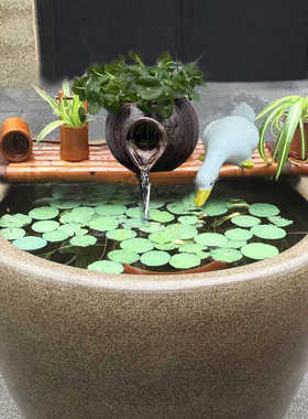 庭院陶罐流水器陶瓷鱼缸循环过滤增氧竹子搭配水池石槽造景摆件配