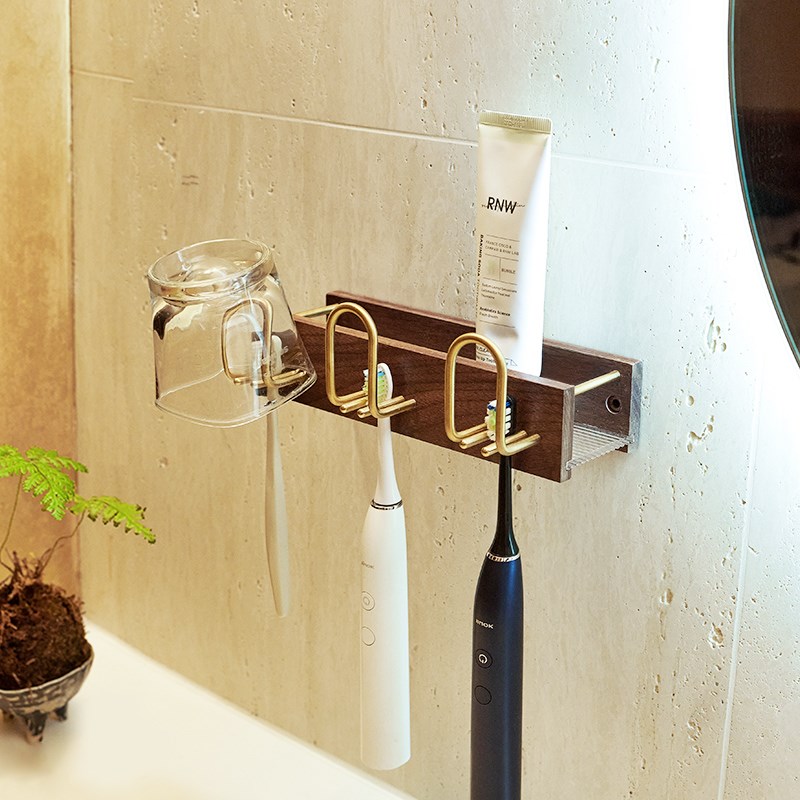 电动牙刷置物架免打孔高r级感实木卫生间放牙膏牙杯架子壁挂式收
