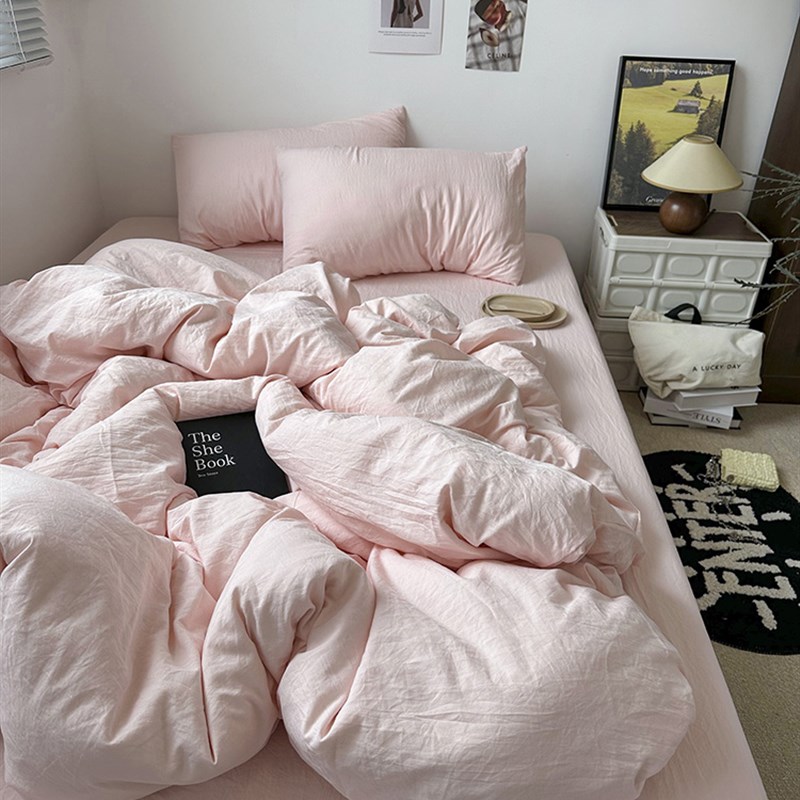 韩式文艺博主ins纯色仙女粉x色水洗棉四件套床单1.8床笠被套三件