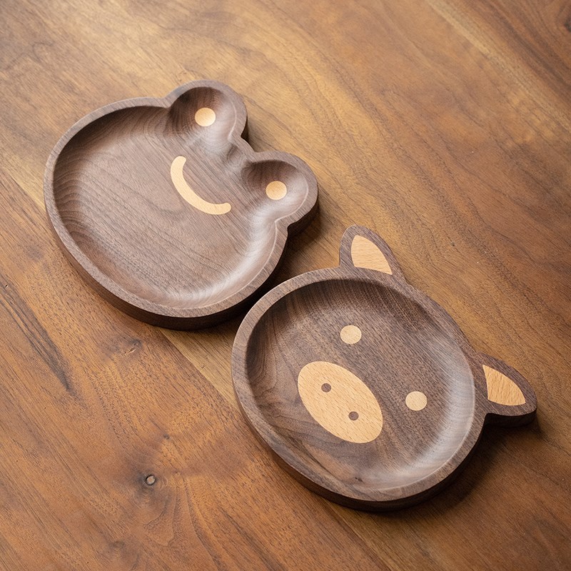 黑胡桃木卡通餐盘家用宝宝餐具日B式实木木盘子儿童木质辅食小托