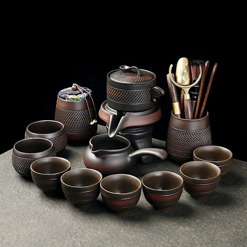 紫陶石磨自c动茶具套装家用懒人防烫泡茶器紫砂磨盘旋转泡茶壶复