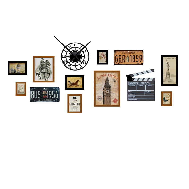 美式复古照片墙装饰创意鹿头相框墙带钟表组合餐厅背W景相片墙挂