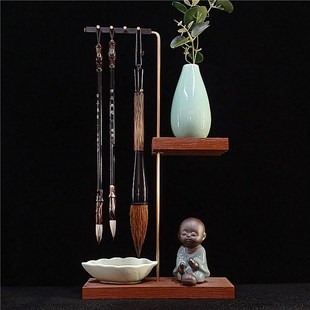 铜杆笔架毛笔挂毛笔学生墨碟创意摆件挂笔卖笔T展示架毛实木笔架