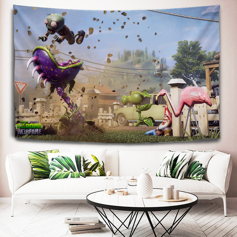 益智卡通植e物大战僵尸挂布墙布豌豆射手挂毯男孩儿童房间布置