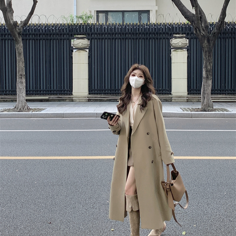 实拍实价#英伦风复古翻领风衣外套女秋季新款收腰中长款大衣女