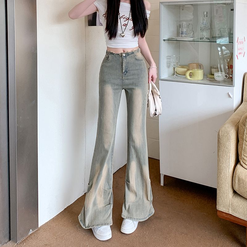 实拍~美式复古辣妹毛边微喇叭牛仔裤女新款高腰弹力直筒裤子